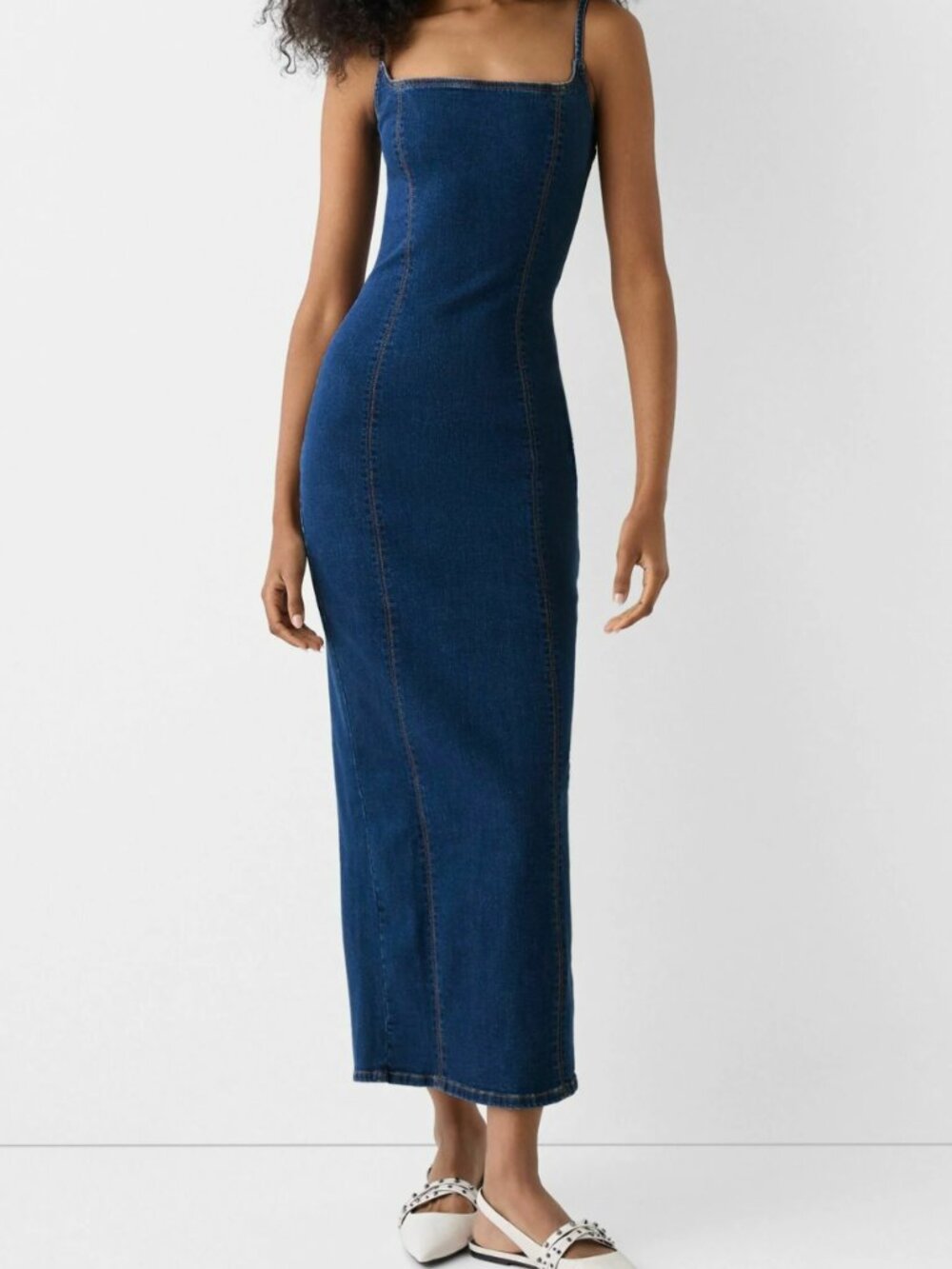 Bershka Bodycon Denim Maxi Dress In Blue